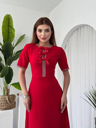 TUA MODA Wera Taşlı Fiyonk Detaylı Elbise