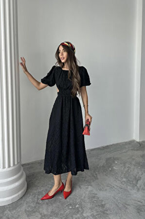 TUA MODA Siyah Balon Kol Kuşaklı Elbise