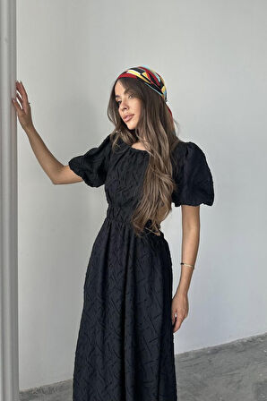 TUA MODA Siyah Balon Kol Kuşaklı Elbise