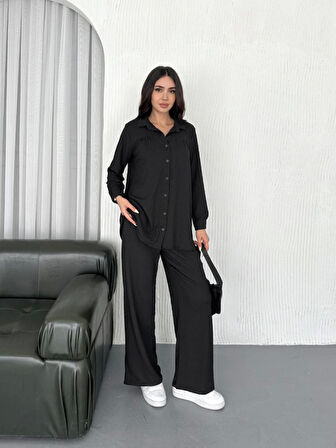 TUA MODA Yakalı Düğmeli Uzun Kollu Gömlek Pantolon Ikili Takım - Siyah