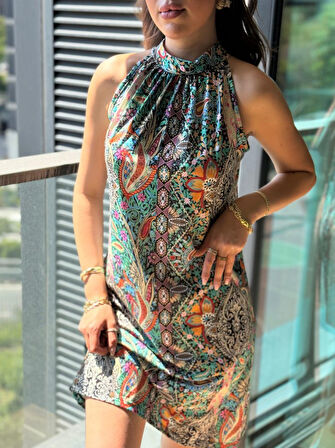 TUA MODA Kadın Kolsuz Boyundan Askılı Desenli Midi Süprem Elbise