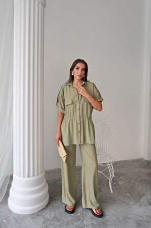 TUA MODA KETEN BELDEN BÜZGÜ DETAYLI GÖMLEK - PANTOLON TAKIM - Yeşil