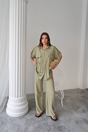 TUA MODA KETEN BELDEN BÜZGÜ DETAYLI GÖMLEK - PANTOLON TAKIM - Yeşil