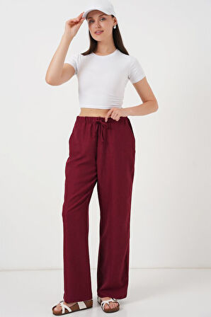TUA MODA Geniş Paça Keten Pantolon 6735 - Bordo