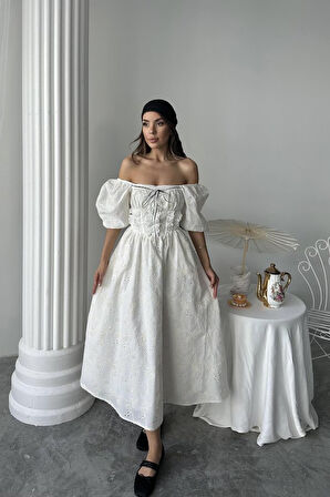 TUA MODA Ekru Dantel Detaylı Brode Elbise
