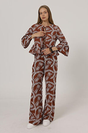 TUA MODA İşlemeli Oversize Pantolon - Kahve