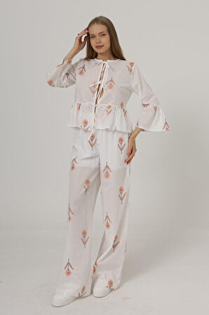 TUA MODA İşlemeli Oversize Pantolon - Beyaz