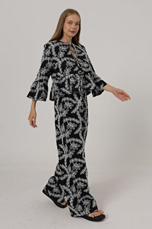 TUA MODA İşlemeli Oversize Pantolon - Siyah