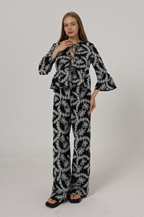 TUA MODA İşlemeli Oversize Pantolon - Siyah