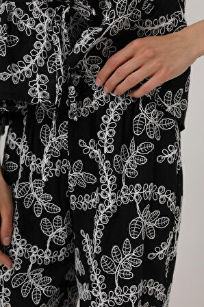 TUA MODA İşlemeli Oversize Pantolon - Siyah