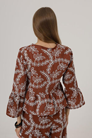 TUA MODA Fiyonk Bağlamalı Brode Bluz - Kahve