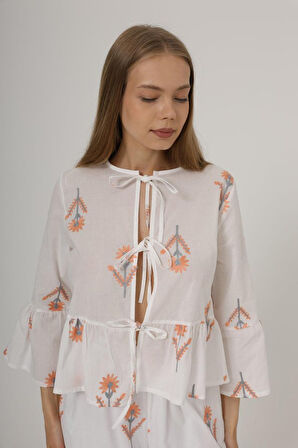 TUA MODA Fiyonk Bağlamalı Brode Bluz - Beyaz