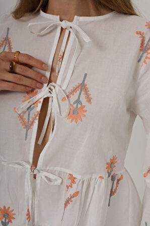 TUA MODA Fiyonk Bağlamalı Brode Bluz - Beyaz