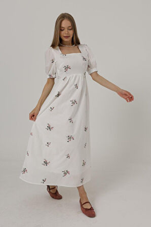 TUA MODA Brodeli Arkası Fiyonk Bağlamalı Elbise - Beyaz