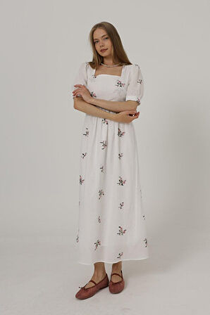 TUA MODA Brodeli Arkası Fiyonk Bağlamalı Elbise - Beyaz