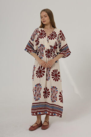 TUA MODA Desenli Yarım Kol Elbise - Kırmızı