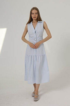 TUA MODA Kemerli Çizgili Elbise - Mavi