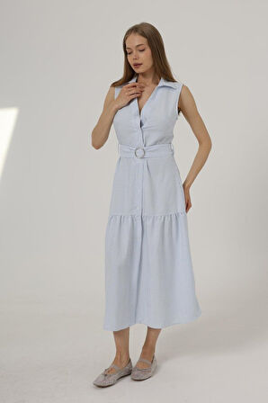 TUA MODA Kemerli Çizgili Elbise - Mavi