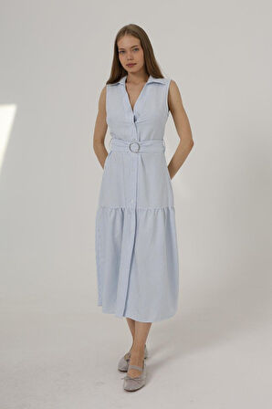 TUA MODA Kemerli Çizgili Elbise - Mavi