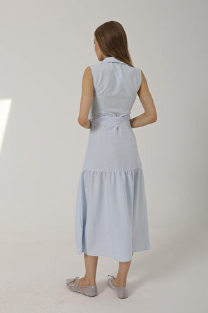 TUA MODA Kemerli Çizgili Elbise - Mavi