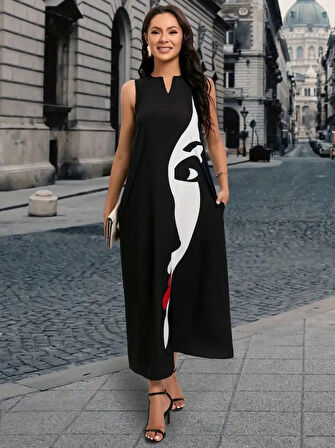 TUA MODA Kadın Sıfır Kol V Yakalı Kadın Yüz Desenli Süprem Elbise