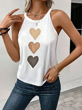 TUA MODA Kadın Omuzlardan Açık Boyundan Askılı Kalp Baskılı Viskon Bluz