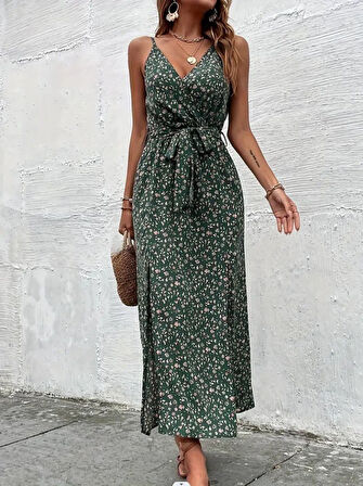 TUA MODA Kadın Ip Askılı Kruvaze Yakalı Yırtmaçlı Uzun Desenli Kuşaklı Süprem Elbise