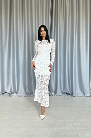 TUA MODA Beyaz Dantelli Uzun Kollu Elbise