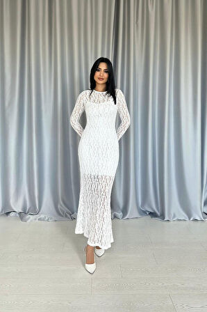 TUA MODA Beyaz Dantelli Uzun Kollu Elbise