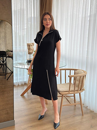 TUA MODA Kadın Kısa Kollu Yakadan Ve Etekten Fermuarlı Midi Viskon Iki Iplik Elbise