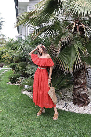 TUA MODA Kırmızı Omzu Lastikli Brode Elbise