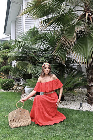 TUA MODA Kırmızı Omzu Lastikli Brode Elbise