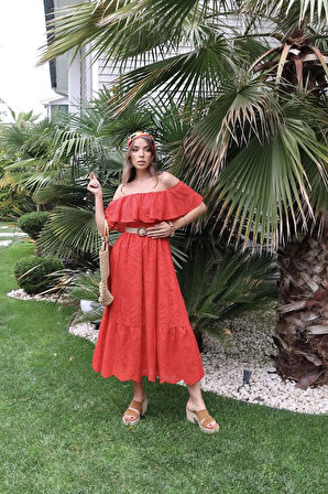 TUA MODA Kırmızı Omzu Lastikli Brode Elbise