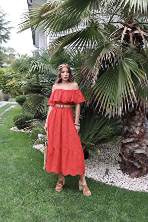 TUA MODA Kırmızı Omzu Lastikli Brode Elbise