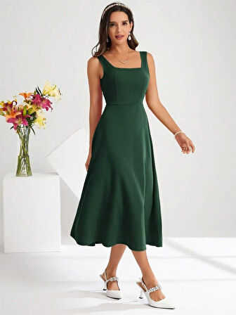 TUA MODA Kadın Askılı Kare Yakalı Midi Ithal Krep Elbise