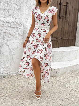 TUA MODA Kadın Kısa Kollu V Yakalı çiçek Desenli önü Kısa Arkası Uzun Süprem Elbise