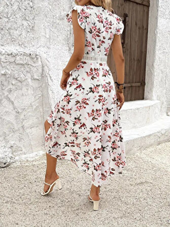 TUA MODA Kadın Kısa Kollu V Yakalı çiçek Desenli önü Kısa Arkası Uzun Süprem Elbise