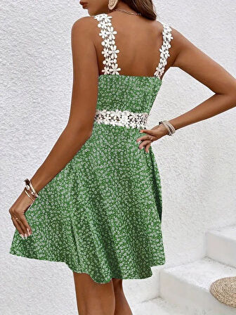 TUA MODA Kadın Askılı Dantel Yakalı çiçek Desenli Süprem Elbise