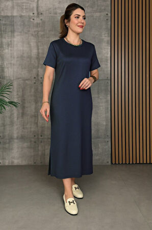 TUA MODA Kadın Kısa Kollu Bisiklet Yaka Yırtmaçlı Viskon Iki Iplik Elbise