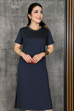 TUA MODA Kadın Kısa Kollu Bisiklet Yaka Yırtmaçlı Viskon Iki Iplik Elbise