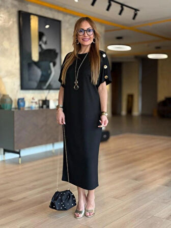TUA MODA Kadın Kısa Kollu Bisiklet Yaka Omuzdan Düğmeli Uzun Viskon Iki Iplik Elbise