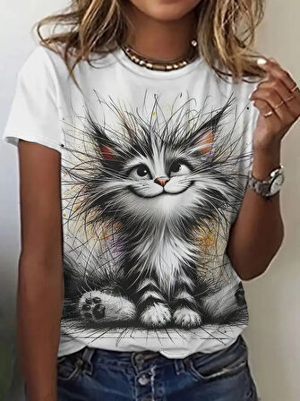 TUA MODA Kadın Kısa Kollu Bisiklet Yaka Kedi Baskılı Süprem Bluz