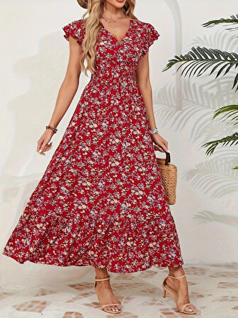 TUA MODA Kadın Kısa Kollu Kruvaze Yaka Beli Lastikli çiçek Desenli Elbise