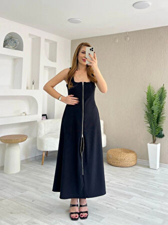 TUA MODA Kadın Askılı Kare Yaka önden Fermuarlı Geniş Kesim Janjan Krep Elbise