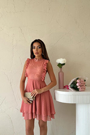 TUA MODA Pudra Çiçek Desenli Elbise