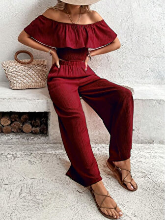 TUA MODA Kadın Aerobin Kumaş Fırfır Detaylı Madonna Yaka Takım