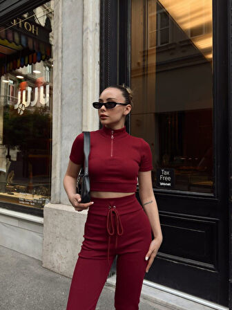 TUA MODA Kadın Kaşkorse Kumaş Yakası Fermuar Detaylı Tayt Takım