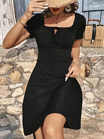 TUA MODA Kadın Kısa Kollu Kare Yakalı Bağcıklı Kaşkorse Elbise