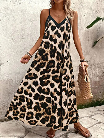 TUA MODA Kadın Ip Askılı Geniş V Yakalı Leopar Desenli Süprem Elbise