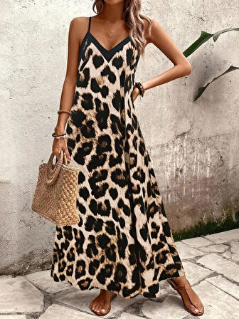 TUA MODA Kadın Ip Askılı Geniş V Yakalı Leopar Desenli Süprem Elbise
